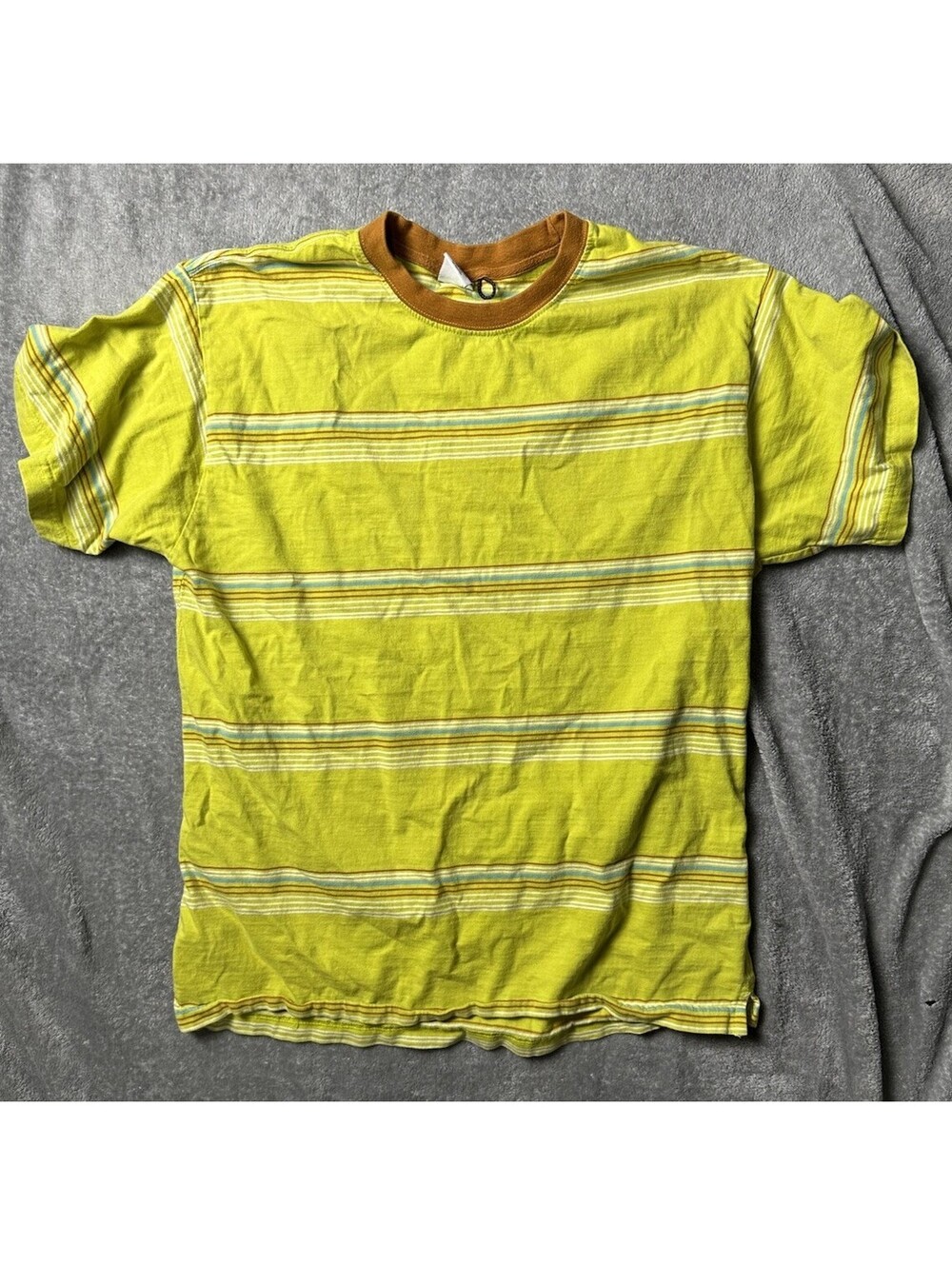 Y2K Urban Outfitters Striped Ringer Tee Lime Green Brown Mens Small Oversized